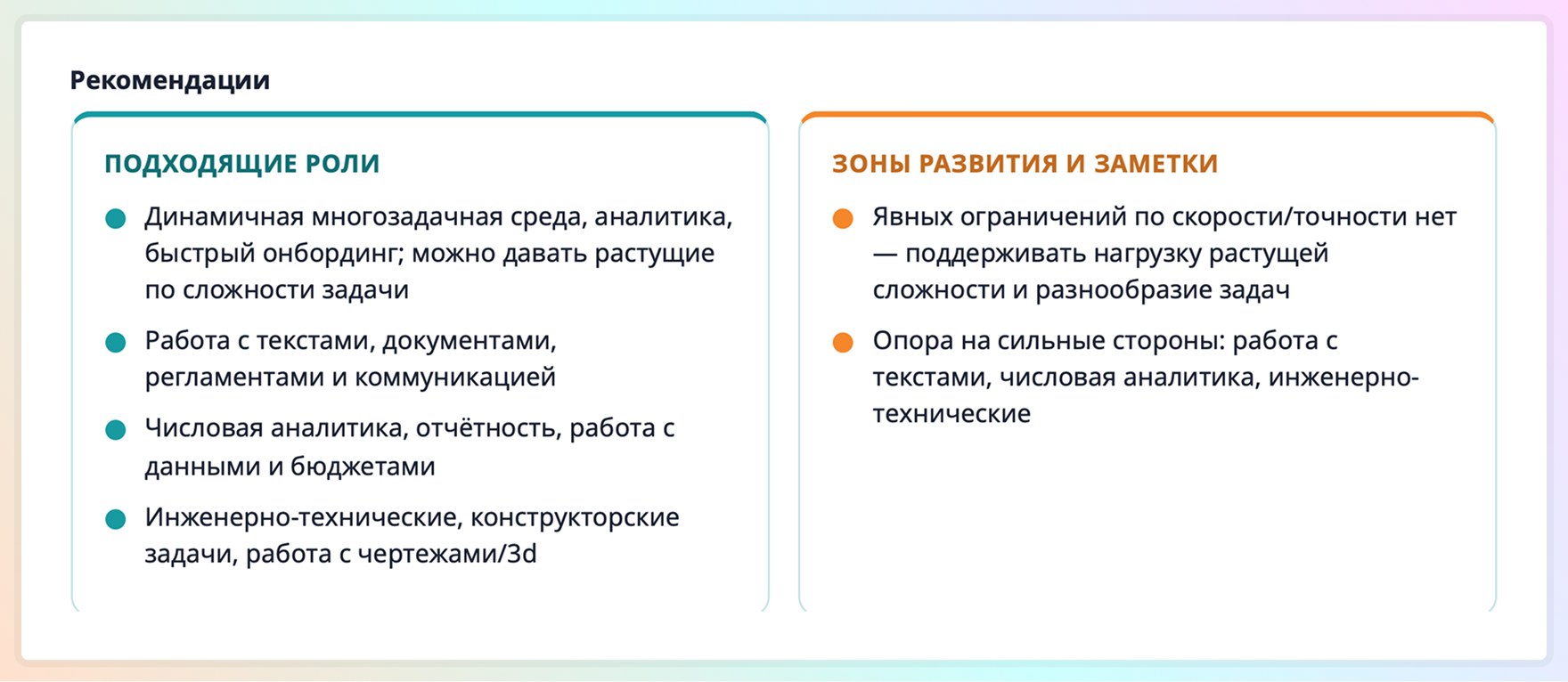 рекомендации по итогам теста подходящие роли и зоны развития