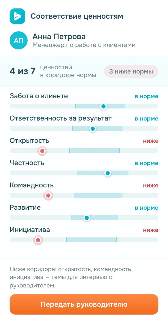 Интерфейс Оценка на соответствие ценностям и культуре компании — экран 3